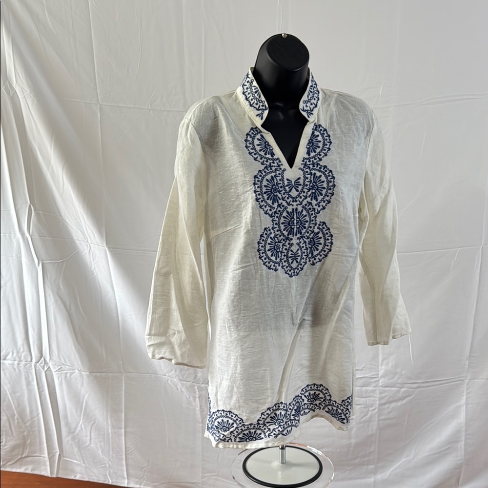 Embroidered White and Blue Men's Shirt
